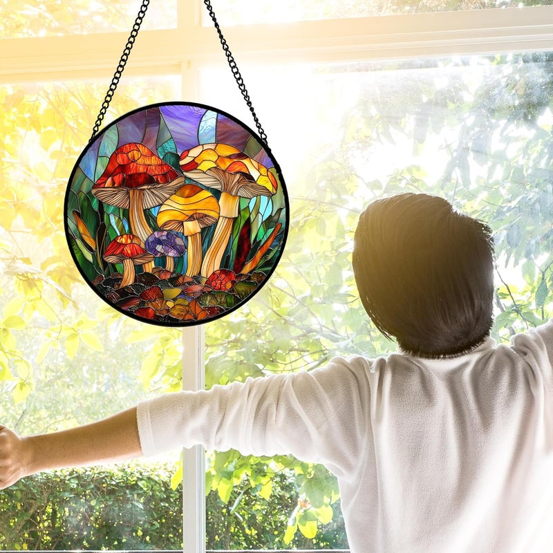 DASTOLL Stained Glass Window Hanging, Jungle Mushrooms Sun Catchers Diamond Glass Panel Hangings Plant Suncatcher Decor for Birthday for Women, Men, Wife, Aunt, and Mom 7.8 in - Image 2