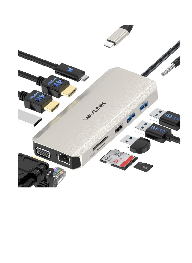 Generic - Wavelink USB C Hub Charging Dock 12 in 1 Triple Display Dual Display with 2 HDMI VGA 100W PD Ethernet 5 Audio SD/TF Card Reader for Mac/Dell/Acer/HP/Asus/Steam Deck/ROG Ali/Lenovo Laptop - Image 1