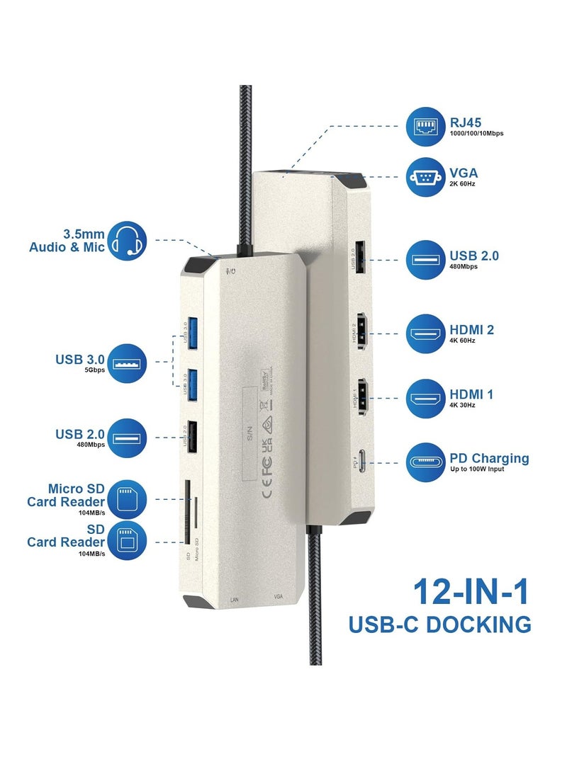 Generic - Wavelink USB C Hub Charging Dock 12 in 1 Triple Display Dual Display with 2 HDMI VGA 100W PD Ethernet 5 Audio SD/TF Card Reader for Mac/Dell/Acer/HP/Asus/Steam Deck/ROG Ali/Lenovo Laptop - Image 1