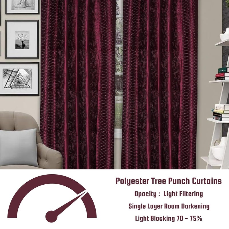 GRIHSHOBHA Wine Polyester Punch Embossed Light Filtering Curtains 8 Feet for Living Room Bedroom 8 Feet Door Set of 2 Piece