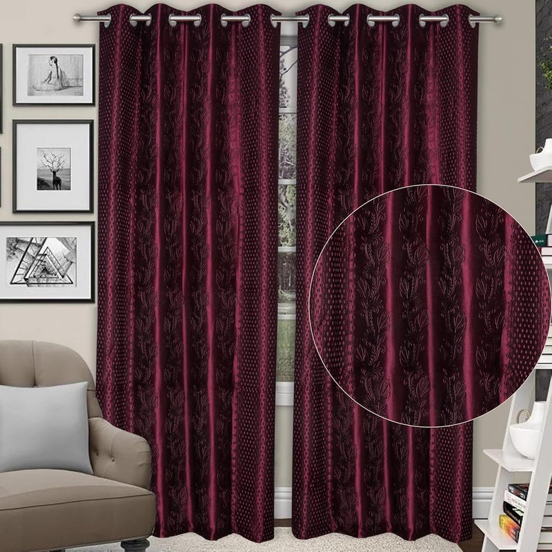 GRIHSHOBHA Wine Polyester Punch Embossed Light Filtering Curtains 8 Feet for Living Room Bedroom 8 Feet Door Set of 2 Piece