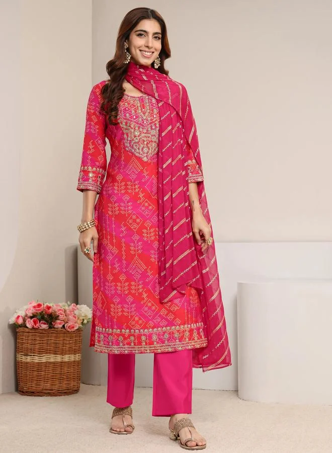 Libas Pink Embroidered, Printed Silk Blend Straight Kurta, Pants And Dupatta Set