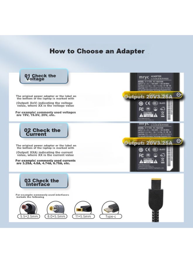 Mryc Lenovo Laptop Charger, Thinkpad 20v 3.25a 65w Square Port Universal, Compatible With E560 T460s X240 X260 E470, Computer Power Adapter Cable - Image 5