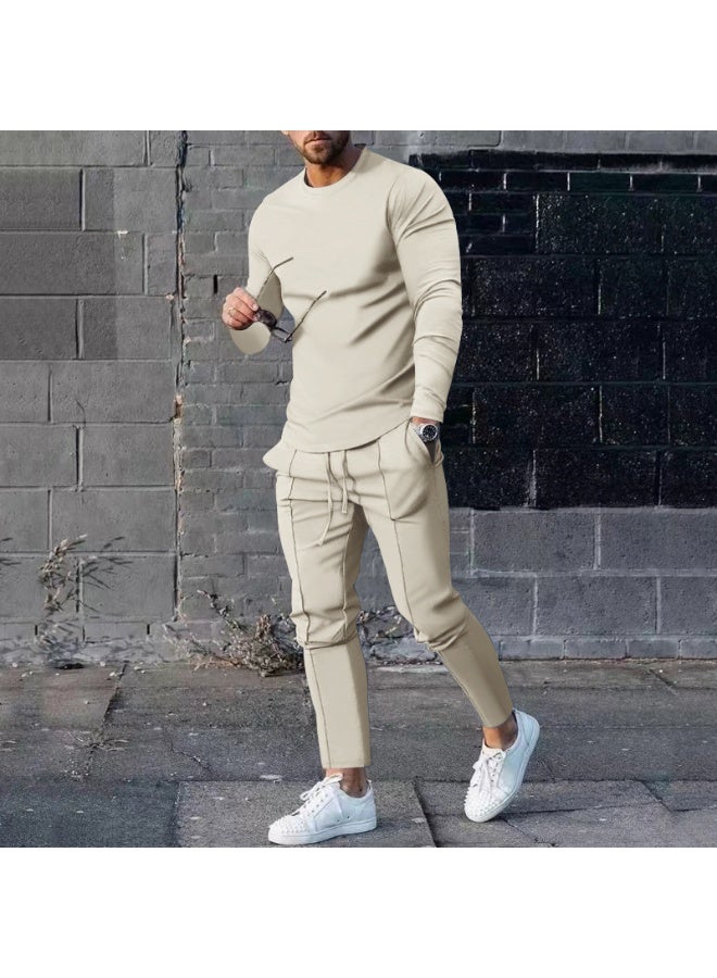 Men's Casual Long Sleeve T-Shirt And Pants Set round Neck Spring Two-Piece Pure Color Comfortable Lightweight Outfit - Image 1