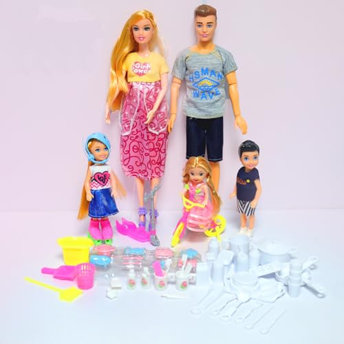 UCanaan Family Dolls Set of 6 People with Dad Pregnant Mom 3 Kids and Baby Boy in Mommy's Tummy and 70 Pcs Accessories for Education and Gift Best Gitfs for Girls Christmas Birthday - Image 1