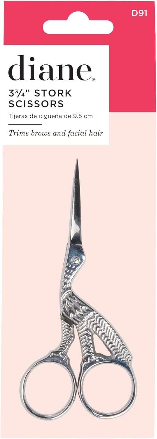 Diane Stork Scissors for Eyebrow Trimming, Facial Hair Grooming Shears, Beauty Tools and Accessories for Women and Men, Silver, 3.75”