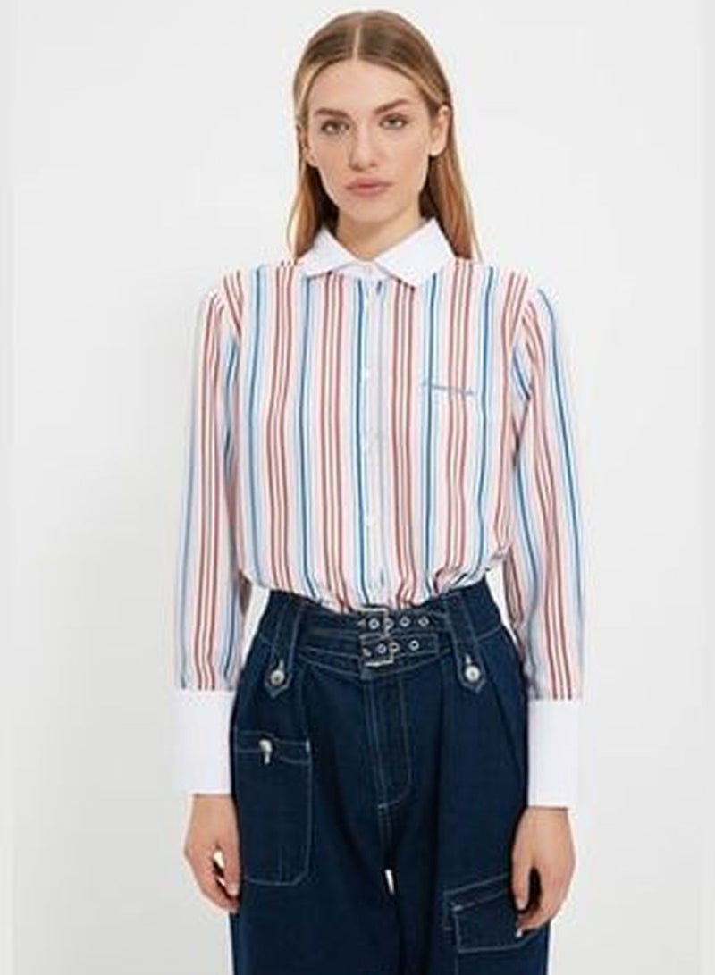 trendyol X Sagaza Studio Multicolored Shirt with Stripes and Embroidery TPRAW22GO1090 - Image 2