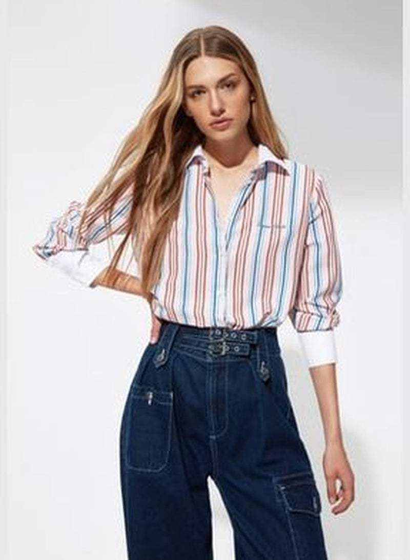 trendyol X Sagaza Studio Multicolored Shirt with Stripes and Embroidery TPRAW22GO1090 - Image 1