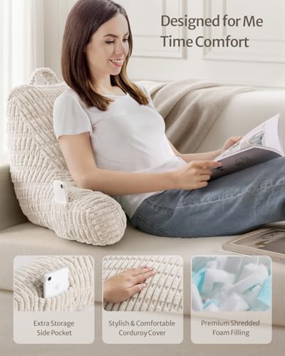 Blissful Diary Reading Pillow, Backrest Pillow with Shredded Memory Foam for Adult & Children, Designed for Bed and Couch Sitting Up, Includes Arms, Pockets and Washable Cover, Off White - Image 2