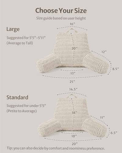 Blissful Diary Reading Pillow, Backrest Pillow with Shredded Memory Foam for Adult & Children, Designed for Bed and Couch Sitting Up, Includes Arms, Pockets and Washable Cover, Off White - Image 4