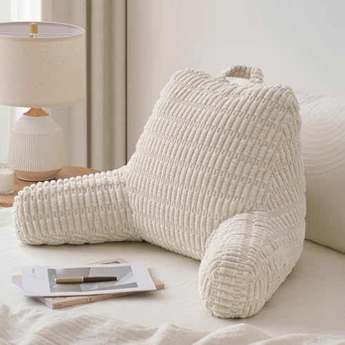 Blissful Diary Reading Pillow, Backrest Pillow with Shredded Memory Foam for Adult & Children, Designed for Bed and Couch Sitting Up, Includes Arms, Pockets and Washable Cover, Off White - Image 1