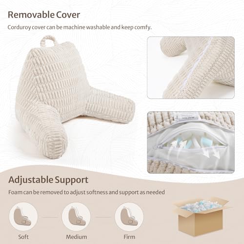 Blissful Diary Reading Pillow, Backrest Pillow with Shredded Memory Foam for Adult & Children, Designed for Bed and Couch Sitting Up, Includes Arms, Pockets and Washable Cover, Off White - Image 5