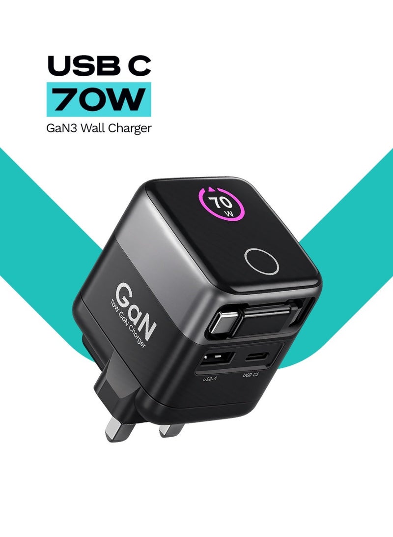 لووب شاحن حائطي LOOP 70W GaN3 مزود بكابل USB-C قابل للسحب، وشحن سريع بتقنيتي PD وQC، متوافق مع أجهزة MacBook وiPhone وSamsung - Image 1