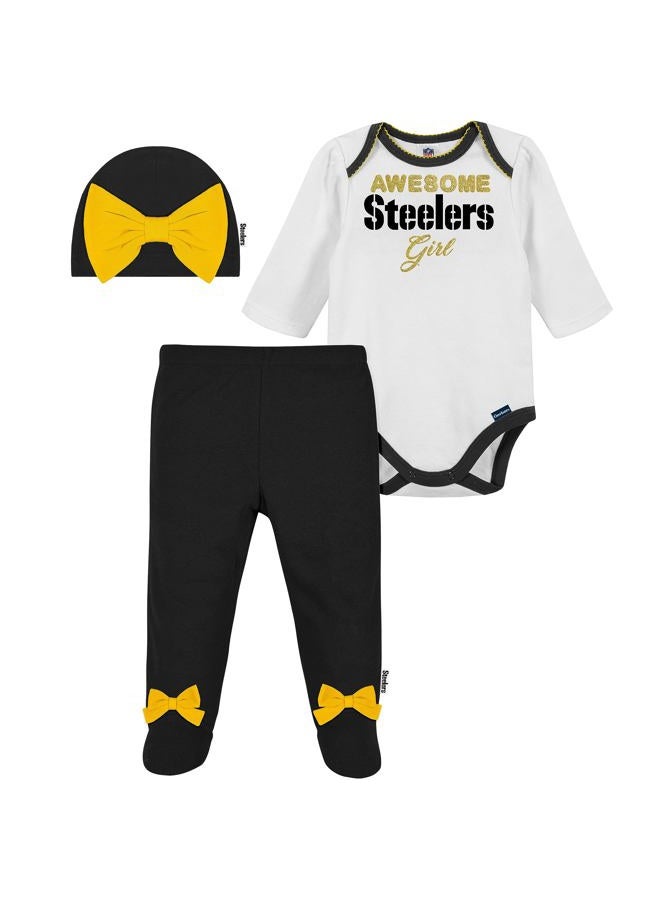 Gerber NFL Pittsburgh Steelers 3 Pack Bodysuit Footed Pant and Cap Registry Gift Set, black/white Pittsburgh Steelers, 0-3M - Image 1