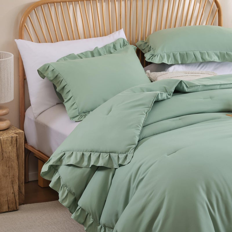 JANZAA Queen Comforter Set Sage Green 3PCSï¼ˆ1 Ruffled Comforter Set and 2 Pillowcasesï¼‰ Vintage Farmhouse Shabby Chic Bedding Soft Fluffy Comforter Set All Season - Image 3