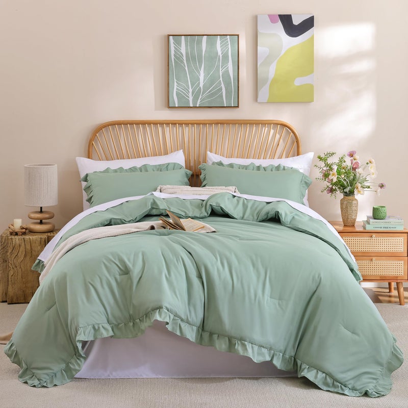 JANZAA Queen Comforter Set Sage Green 3PCSï¼ˆ1 Ruffled Comforter Set and 2 Pillowcasesï¼‰ Vintage Farmhouse Shabby Chic Bedding Soft Fluffy Comforter Set All Season - Image 1