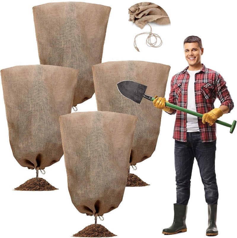 Woanger 8 قطع أكياس تغطية النباتات من الخيش الشتوي 40 × 56 بوصة قابلة لإعادة الاستخدام دافئة كبيرة لحماية النباتات من الصقيع مع حبل سحب لحماية الأشجار من التجمد غطاء خارجي للحديقة - Image 1