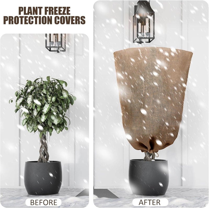 Woanger 8 قطع أكياس تغطية النباتات من الخيش الشتوي 40 × 56 بوصة قابلة لإعادة الاستخدام دافئة كبيرة لحماية النباتات من الصقيع مع حبل سحب لحماية الأشجار من التجمد غطاء خارجي للحديقة - Image 4
