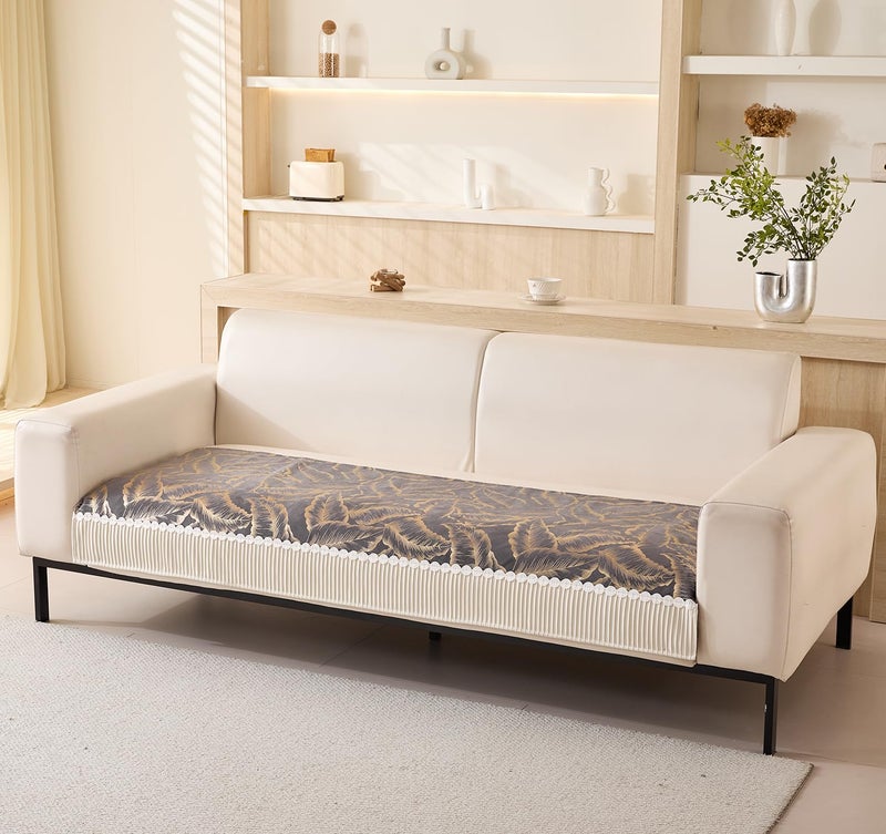 House of Quirk Sofa Cover Mat Leaf Pattern Chenille Fabric Seater Sofa Slipcover Anti-Slip Stretch Seat Pad from Pets Replacement Protector (Two Seater, Grey Gold, 90x120cm) - Image 1