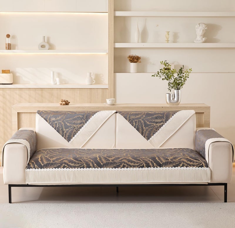 House of Quirk Sofa Cover Mat Leaf Pattern Chenille Fabric Seater Sofa Slipcover Anti-Slip Stretch Seat Pad from Pets Replacement Protector (Two Seater, Grey Gold, 90x120cm) - Image 4