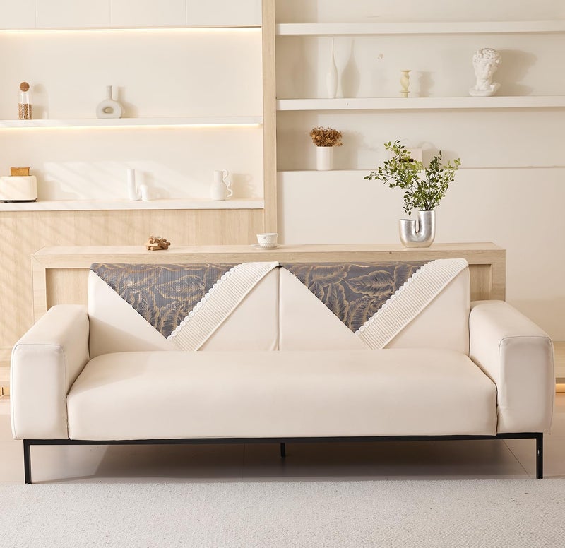 House of Quirk Sofa Cover Mat Leaf Pattern Chenille Fabric Seater Sofa Slipcover Anti-Slip Stretch Seat Pad from Pets Replacement Protector (Two Seater, Grey Gold, 90x120cm) - Image 3