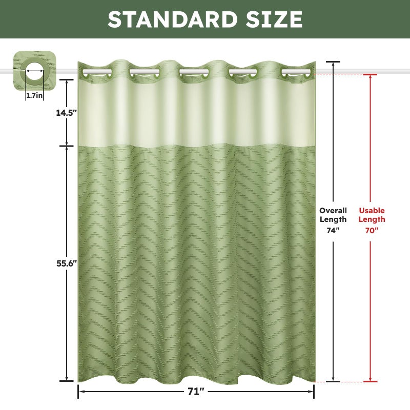 FADOTY No Hook Shower Curtain and Snap in Liner Set Sage Green Tufted Chevron Striped Cloth Waterproof Washable Fabric Boho Bath Curtain with See Through Mesh Top Window for Bathroom Hotel 71" x 74" - Image 5