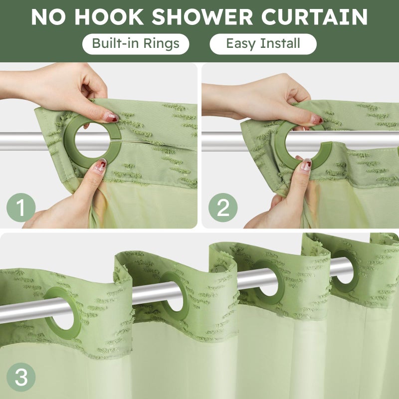 FADOTY No Hook Shower Curtain and Snap in Liner Set Sage Green Tufted Chevron Striped Cloth Waterproof Washable Fabric Boho Bath Curtain with See Through Mesh Top Window for Bathroom Hotel 71" x 74" - Image 2