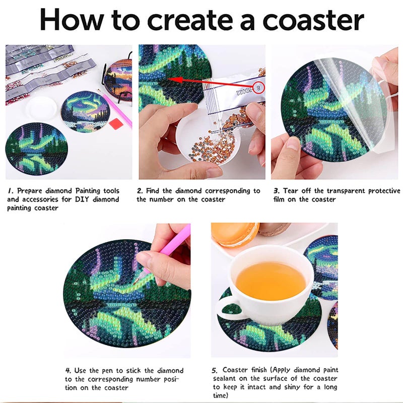 askkqtx 8 Pcs Aurora Diamond Art Coasters Kits with Holder, Landscape Diamond Painting Coasters Kits for Adults, DIY 5D Nature Scenery Diamond Dots Small Mini Kit Full Drill Art Craft Supplies 4X4 Inch - Image 5