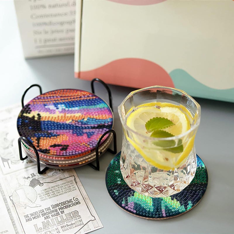 askkqtx 8 Pcs Aurora Diamond Art Coasters Kits with Holder, Landscape Diamond Painting Coasters Kits for Adults, DIY 5D Nature Scenery Diamond Dots Small Mini Kit Full Drill Art Craft Supplies 4X4 Inch - Image 3