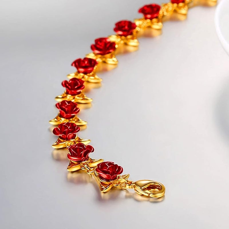 U7 Women Cute 18K Gold Plated Red Rose Flower Wrist Chain Link Charm Bracelet Wrist Band Bridesmaid Wedding Party Jewelry Dozen Roses Bracelets - Image 4