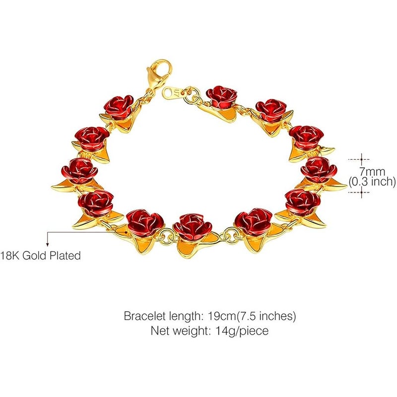 U7 Women Cute 18K Gold Plated Red Rose Flower Wrist Chain Link Charm Bracelet Wrist Band Bridesmaid Wedding Party Jewelry Dozen Roses Bracelets - Image 3