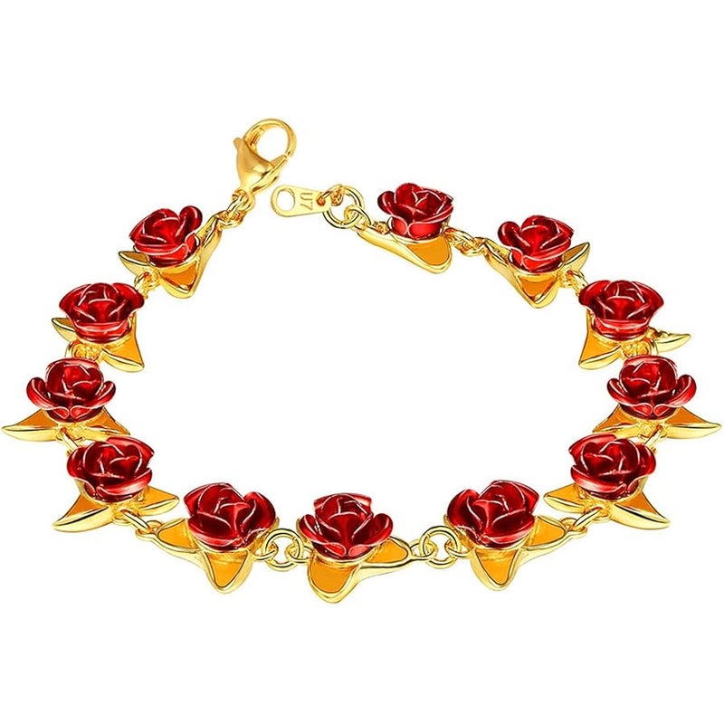 U7 Women Cute 18K Gold Plated Red Rose Flower Wrist Chain Link Charm Bracelet Wrist Band Bridesmaid Wedding Party Jewelry Dozen Roses Bracelets - Image 1