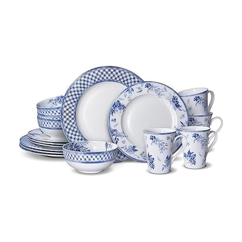 Mikasa Kiley Bone China Lightweight Chip Resistant 16 Piece Dinnerware Set, Service for 4,Blue and White - Image 1