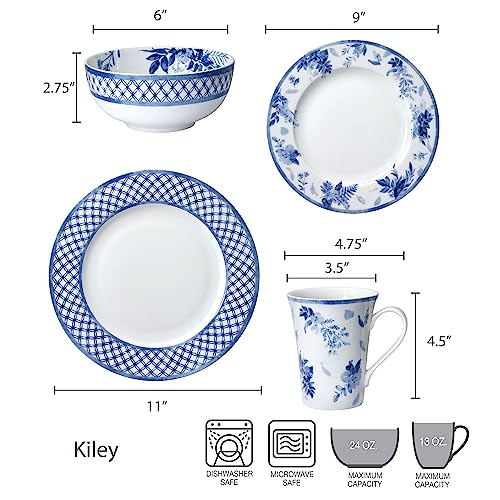 Mikasa Kiley Bone China Lightweight Chip Resistant 16 Piece Dinnerware Set, Service for 4,Blue and White - Image 5