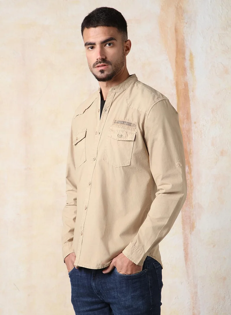 Men Regular Fit Utility Heavy Washed Spread Collar Solid Cotton Casual Shirt