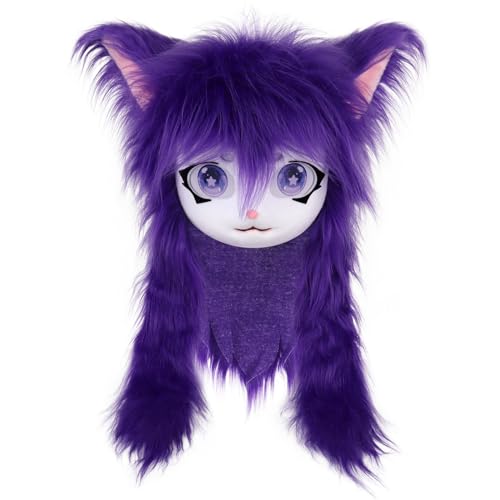 SMILETERNITY SMILETERNIT Animal Head Cat Fursuit Cut Mask Halloween Masquerade Cosplay Costume Props Purple - Image 1
