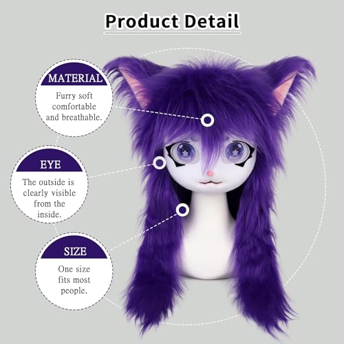 SMILETERNITY SMILETERNIT Animal Head Cat Fursuit Cut Mask Halloween Masquerade Cosplay Costume Props Purple - Image 4
