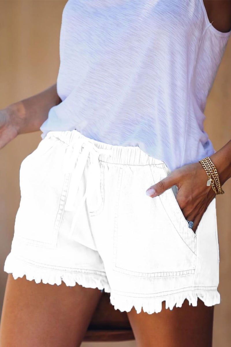 YOCUR Womens Denim Shorts Flowy Fashion Board Elastic Waist Fringe Drawstring Shorts Juniors Lounge Hot Pants White XXL - Image 3