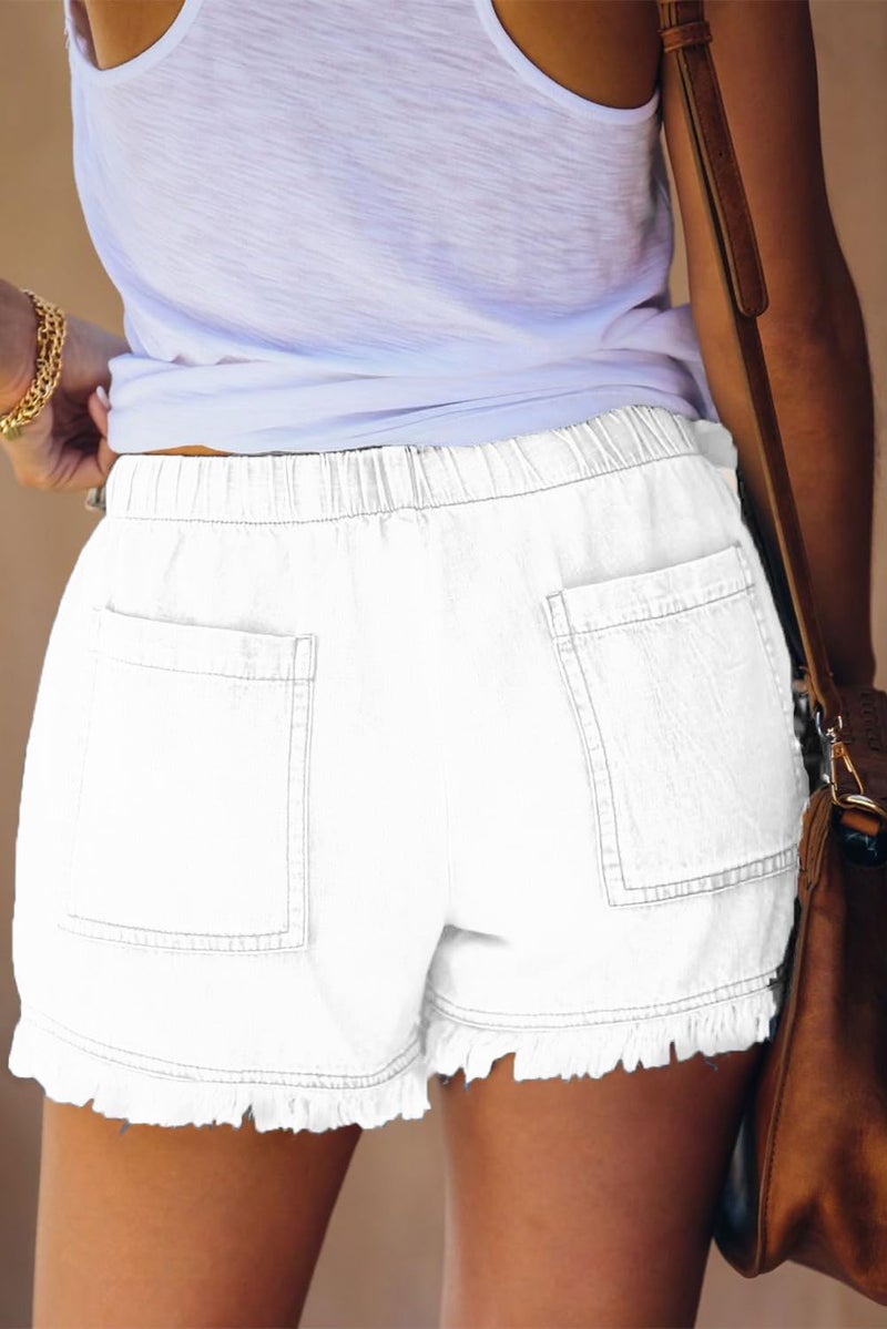 YOCUR Womens Denim Shorts Flowy Fashion Board Elastic Waist Fringe Drawstring Shorts Juniors Lounge Hot Pants White XXL - Image 4