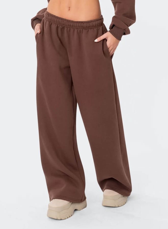 HeSaYep Women's Fleece Lined Sweatpants Wide Leg Thermal Winter Warm Baggy Sweat Pants with Pockets, Coffee, M - Image 3