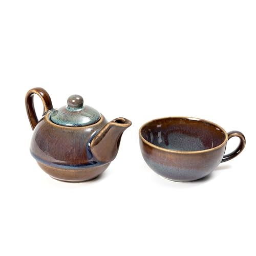 Beyond Homes Ceramic Tea Pot with Cup | Microwave Safe Single Tea Pot Kettle Set with 1 Cup - 300 ML Capacity | Chip-Resistant | Metallic Glazed Shades (Mocha) - Image 2