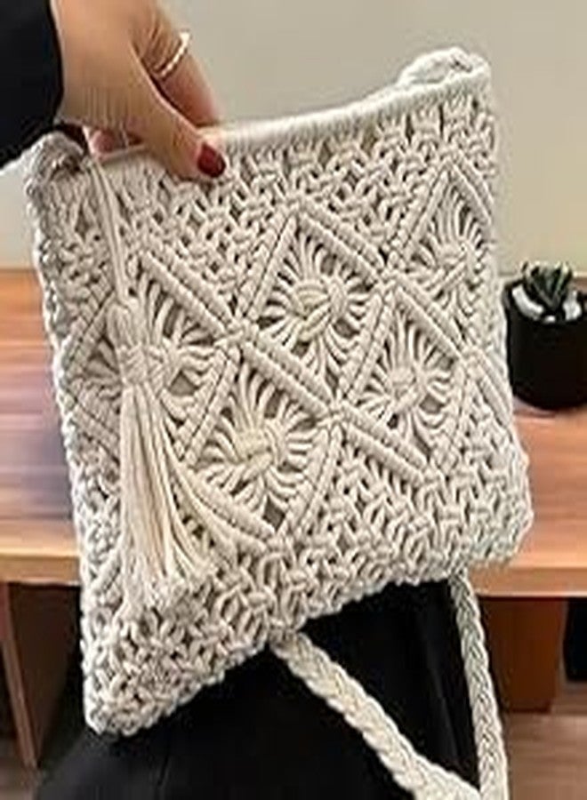GUL DECOR حقائب كروسبودي/حقائب يد نسائية مصنوعة يدويًا من المكرمية من غول ديكور، مناسبة للفتيات والنساء، حقيبة تسوق، هدية مميزة، لون أبيض كريمي - Image 5