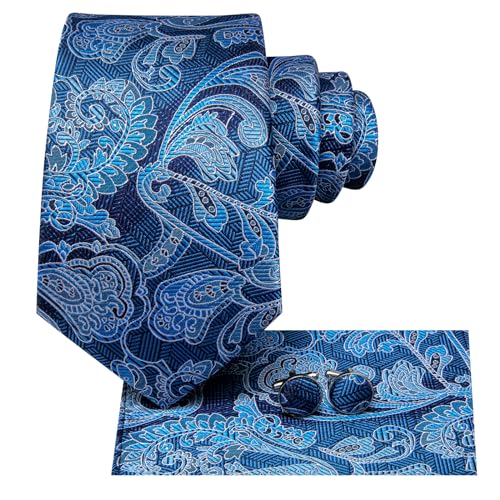 Hi-Tie Men 63inches Tie Set Extra Long Necktie Paisley Tie Pocket Suqare Cufflinks Big and Tall Men Tie,Floral Blue - Image 2