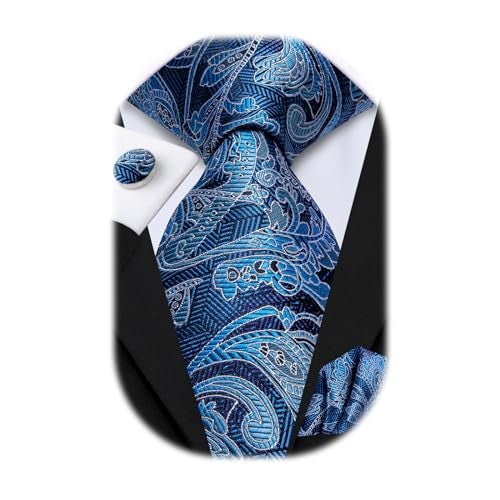 Hi-Tie Men 63inches Tie Set Extra Long Necktie Paisley Tie Pocket Suqare Cufflinks Big and Tall Men Tie,Floral Blue - Image 1