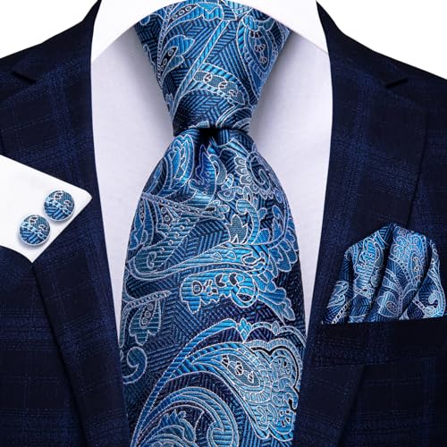 Hi-Tie Men 63inches Tie Set Extra Long Necktie Paisley Tie Pocket Suqare Cufflinks Big and Tall Men Tie,Floral Blue - Image 3