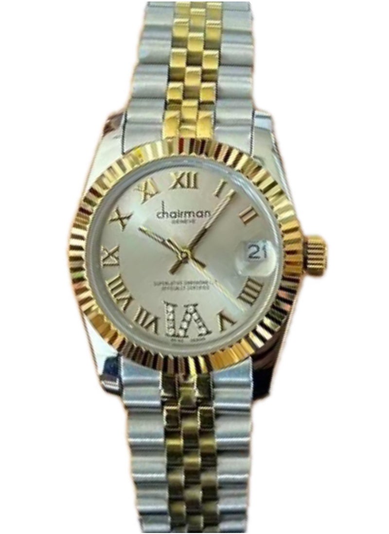 Chairman GENEVE Chairman Geneve Women's Stainless Steel Watch, Two-Tone, White dial, Roman numerals, Date display. 