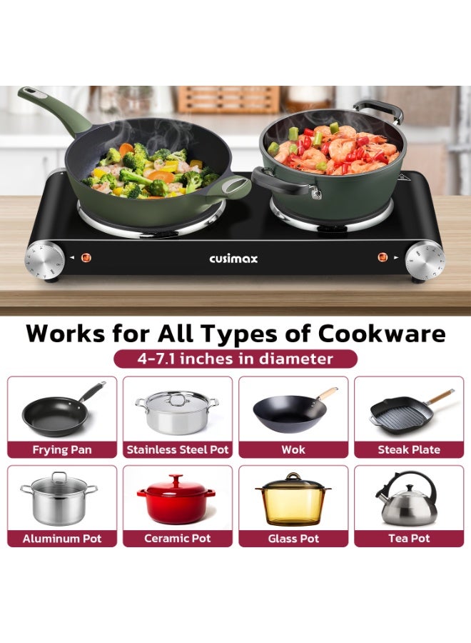 كوسيماكس لوحة ساخنة مزدوجة كهربائية ، 1500W + 1000W لوحة التدفئة الحديدية الزهرية ، التحكم في درجة الحرارة المزدوجة ، متوافقة مع جميع أدوات الطبخ - Image 4