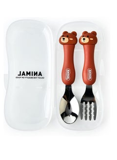 ECVV Cartoon Toddler Utensils Cute Animal Stainless Steel Children's Tableware Set Student Fork and Spoon Two Piece Creative Cutlery Set with Portable Travel Case For Girls Boys Kids-Bear Brown