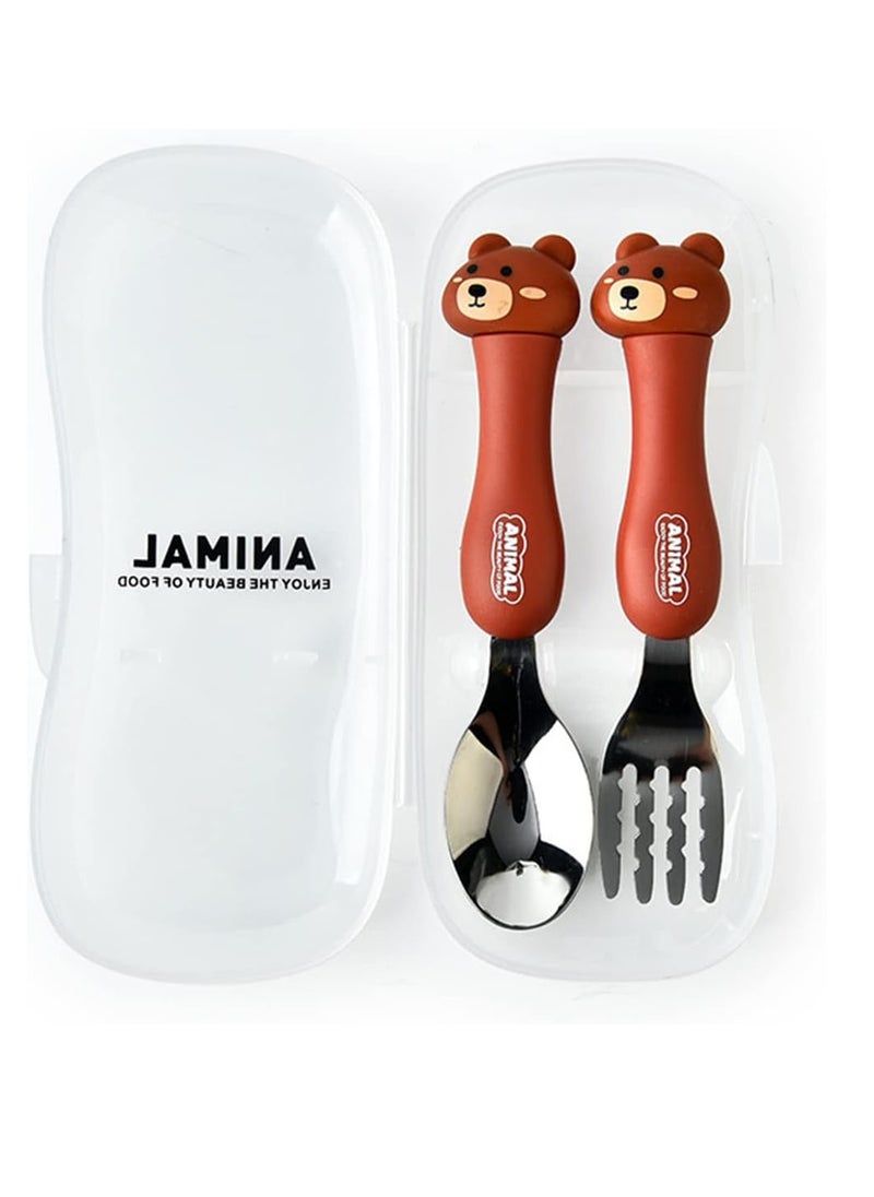 ECVV - ECVV Cartoon Toddler Utensils Cute Animal Stainless Steel Children's Tableware Set Student Fork and Spoon Two Piece Creative Cutlery Set with Portable Travel Case For Girls Boys Kids-Bear Brown - Image 1