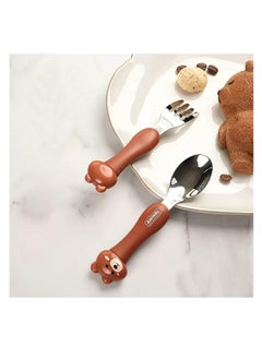 ECVV ECVV Cartoon Toddler Utensils Cute Animal Stainless Steel Children's Tableware Set Student Fork and Spoon Two Piece Creative Cutlery Set with Portable Travel Case For Girls Boys Kids-Bear Brown  - Image 2